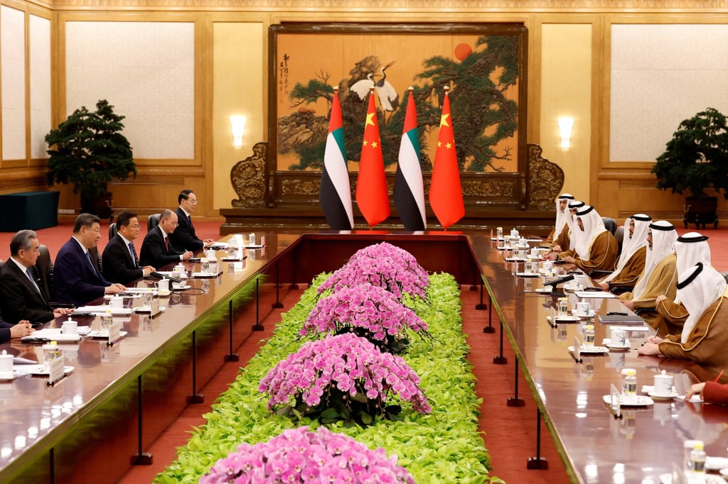 Chinese President Xi Jinping and Sheikh Khaled bin Mohamed bin Zayed Al Nahyan, crown prince of Abu Dhabi, attend a meeting at the Great Hall of the People in Beijing on April 14. Photo: Pool via Reuters