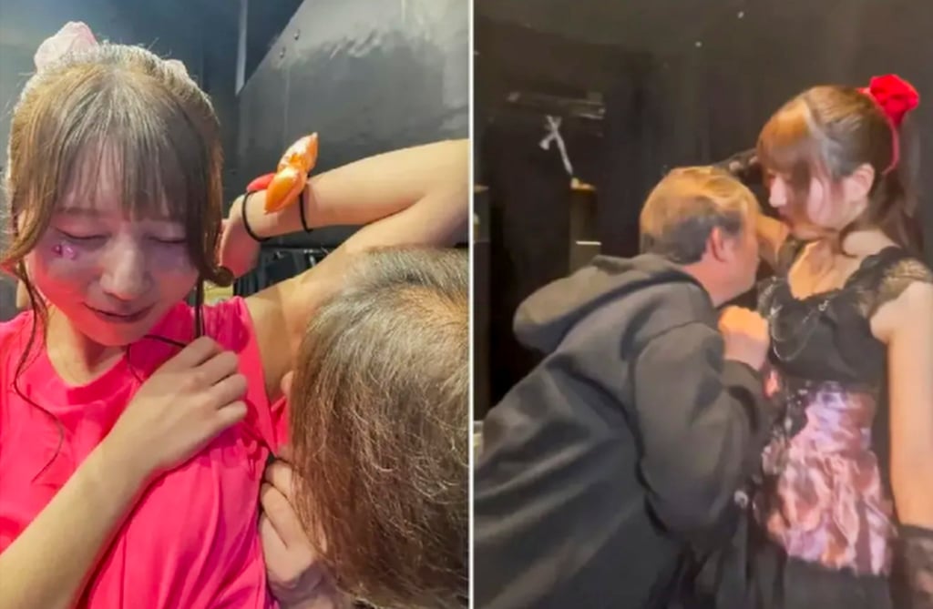 Two separate male fans of Matsumoto sniffing the online performer’s armpits. Photo: QQ.com