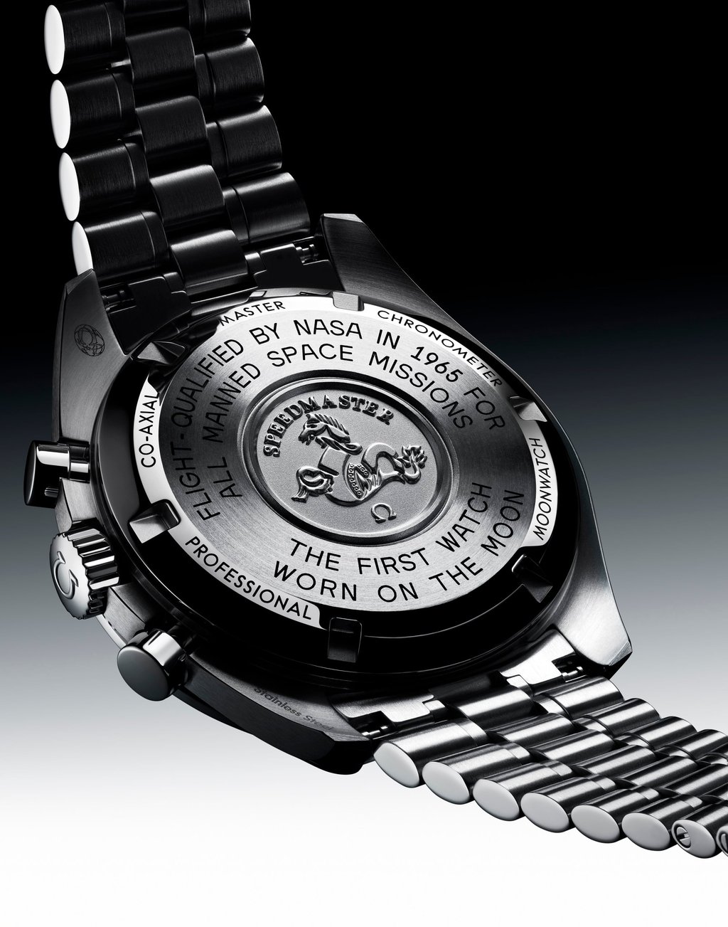 The engraved caseback of a classic Omega Speedmaster Moonwatch. Photo: Handout