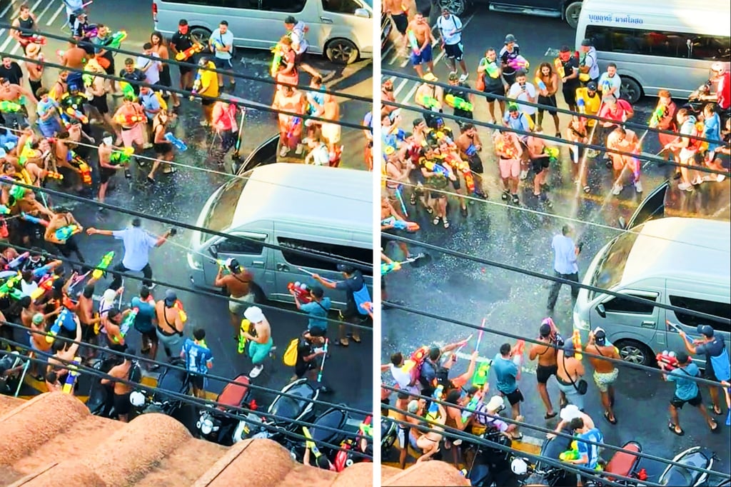 Screenshots from a viral video showing Songkran festival revelers spraying a van driver in Patong. Photo: TikTok / littlepatong