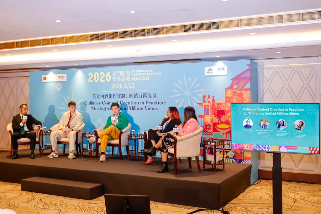 (From left) Hong Kong-based comedian Vivek Mahbubani leads YouTube creators Josh Carrott and Ollie Kendal, Jess Menezes, creator of the @thatfoodiejess Instagram account, and Jen Balisi, co-founder of Hong Kong’s Barkada restaurant and creator of the @indulgenteats Instagram account, during the breakout session titled “Culinary Content Creation in Practice: Strategies behind Million Views”.