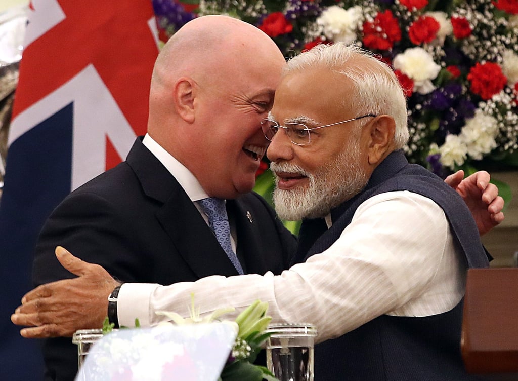 Indian Prime Minister Narendra Modi (right) hugs his New Zealand counterpart, Christopher Luxon, following a meeting at Hyderabad House in New Delhi on March 17, 2025. Photo: EPA-EFE