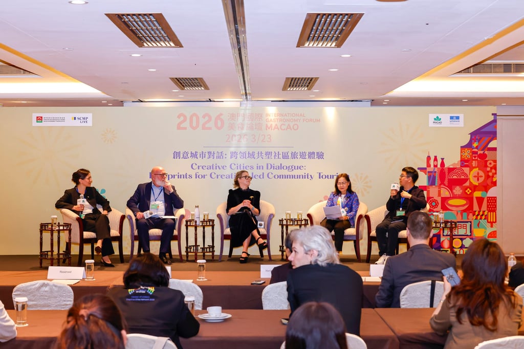 (From left) Cat Nelson, editorial director of Specialist Publications at the SCMP, leads the first breakout session, titled “Creative Cities in Dialogue: Blueprints for Creative-led Community Tourism”, with Claudio Cecchinelli, coordinator of the Cities of Gastronomy Subnetwork, and Joana Miranda, coordinator of the Cities of Media Art Subnetwork, both for the UCCN, Nitthakan Khunwatcharakit, director of Thailand’s Suphanburi Provincial Cultural Office, and Li Tao, founder and lead architect of UAO Design.