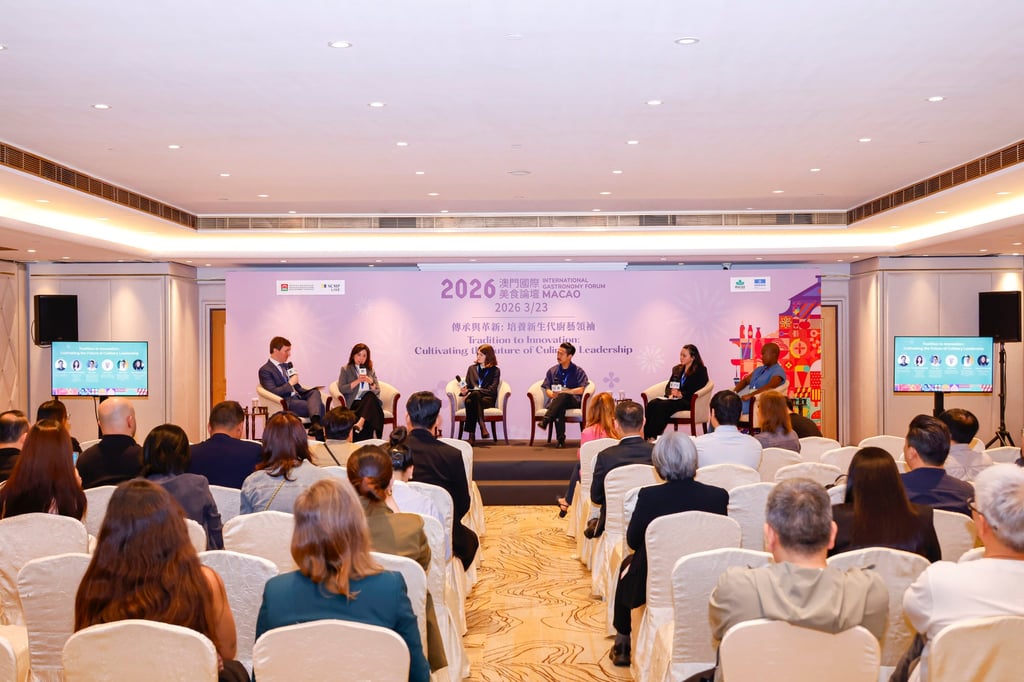 (From left) Douglas Parkes, content director for Specialist Publications at the SCMP, leads the breakout session, titled “Tradition to Innovation: Cultivating the Future of Culinary Leadership”, with Christy Ng Yee-nee, assistant professor at Macao University of Tourism, Flora Igoe, head of the youth culture and food heritage programme at the UN’s Food and Agriculture Organization, and Daniel Chio, Safa Rodas and Lihle Mahambehlala, the 2026 cohorts of the World Food Forum Young Chefs Programme.