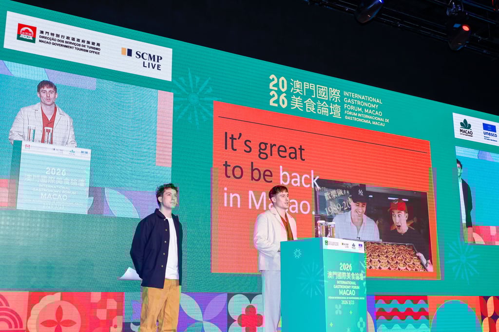 YouTube creators Ollie Kendal (left) and Josh Carrott tell the forum how food acts as a powerful storytelling tool to connect people across cultures.