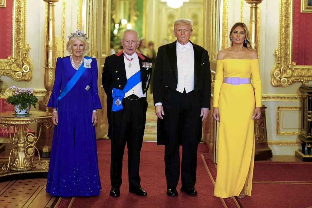 Britain’s King Charles and Queen Camilla stand with US President Donald Trump and first lady Melania Trump at the state banquet at Windsor Castle in September 2025. Photo: Reuters