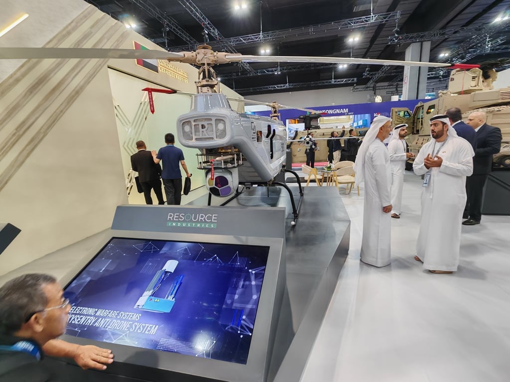 A “500H” high-performance helicopter drone developed by UAE-based Resource Industries on display at the Defence Services Asia exhibition 2026. Photo: Joseph Sipalan