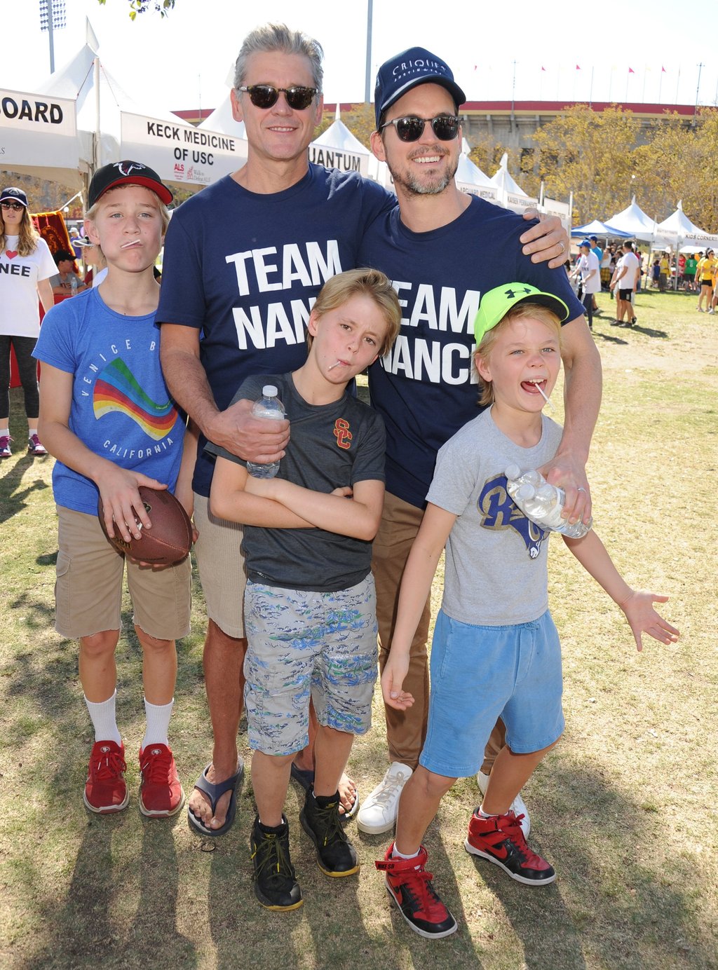 Simon Halls and Matt Bomer (centre) with their sons Kit Halls, Henry Halls and Walker Halls at the 15th Annual LA County Walk to Defeat ALS in 2017, in Los Angeles. Photo: WireImage