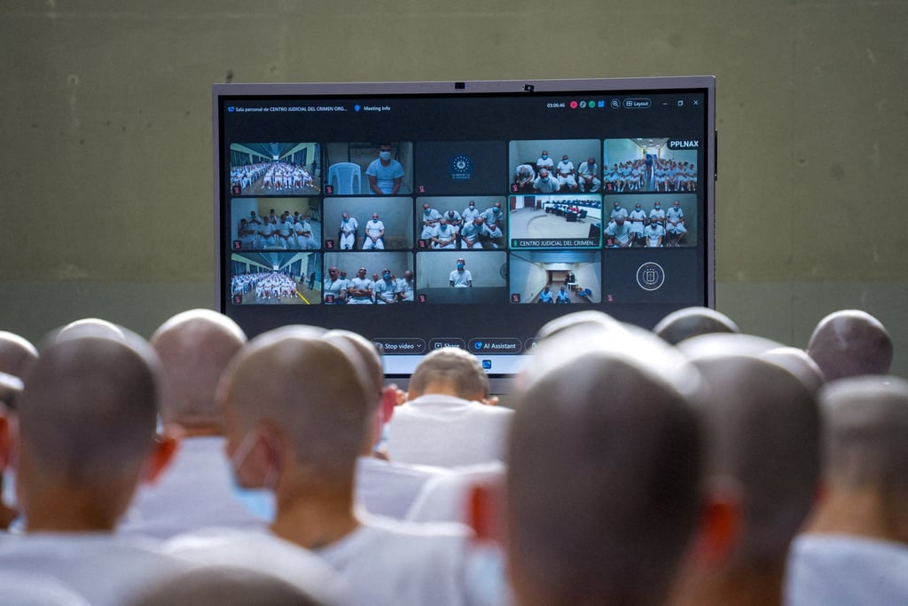 Hundreds more defendants appear remotely from other prisons. Photo: Attorney General’s Office of El Salvador via Reuters