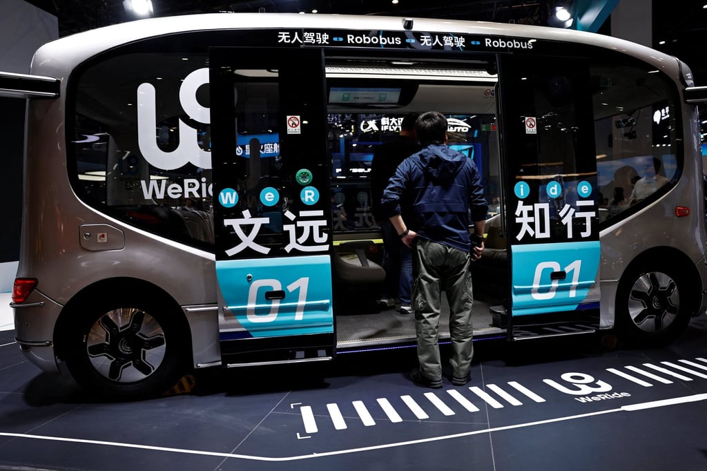 A WeRide robobus at the Beijing Auto Show. WeRide says it plans to deploy more than 200,000 autonomous vehicles overseas over the next five years. Photo: Reuters