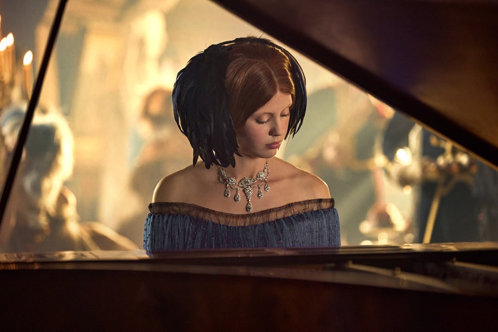Mia Goth wears the Tiffany & Co. scarab necklace in her role as Elizabeth in Frankenstein. Photo: Netflix