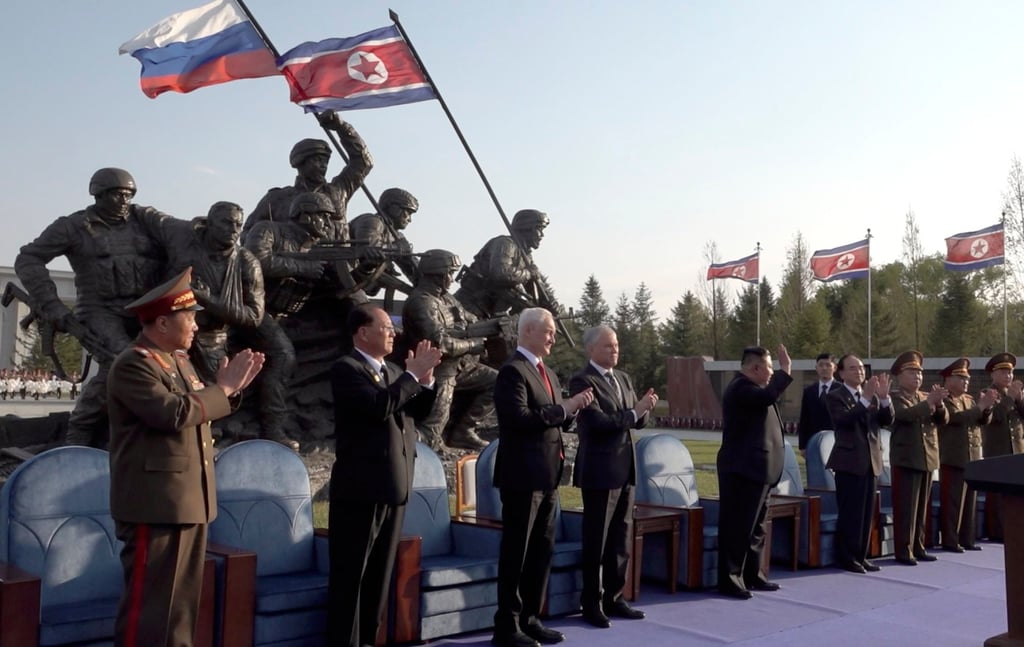Russian and North Korean leaders take part in an opening ceremony of a museum and memorial complex in Pyongyang on Sunday. Photo: Russian Defence Ministry/EPA