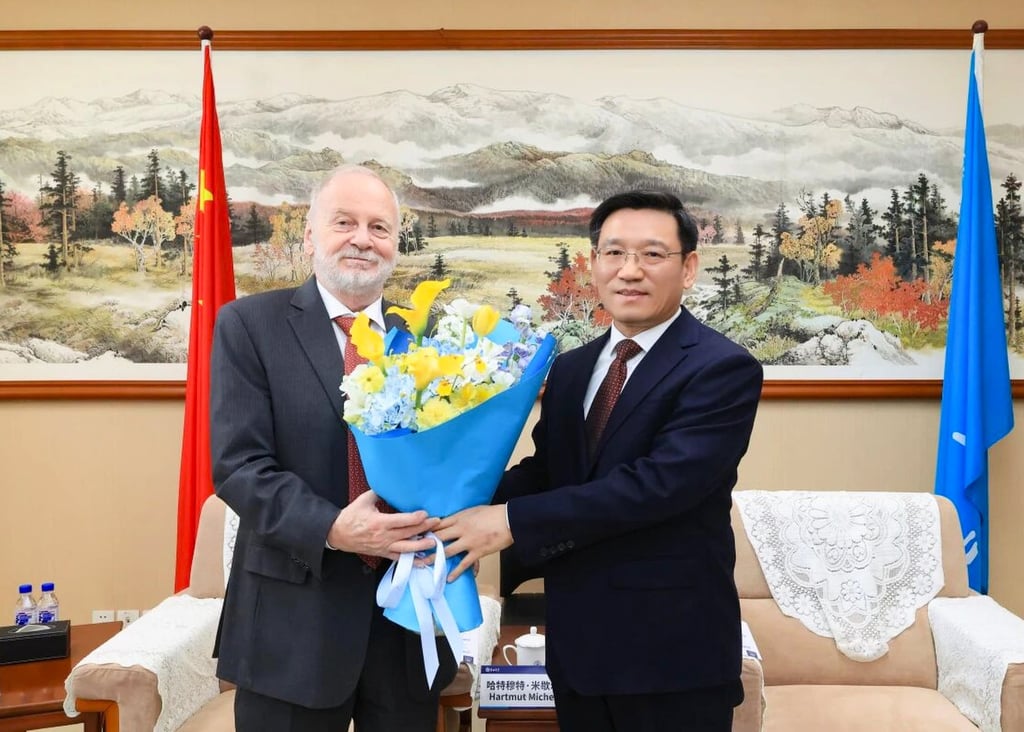 Hartmut Michel meets Tian Hui, Communist Party chief of Jilin University, on April 21. Photo: Handout