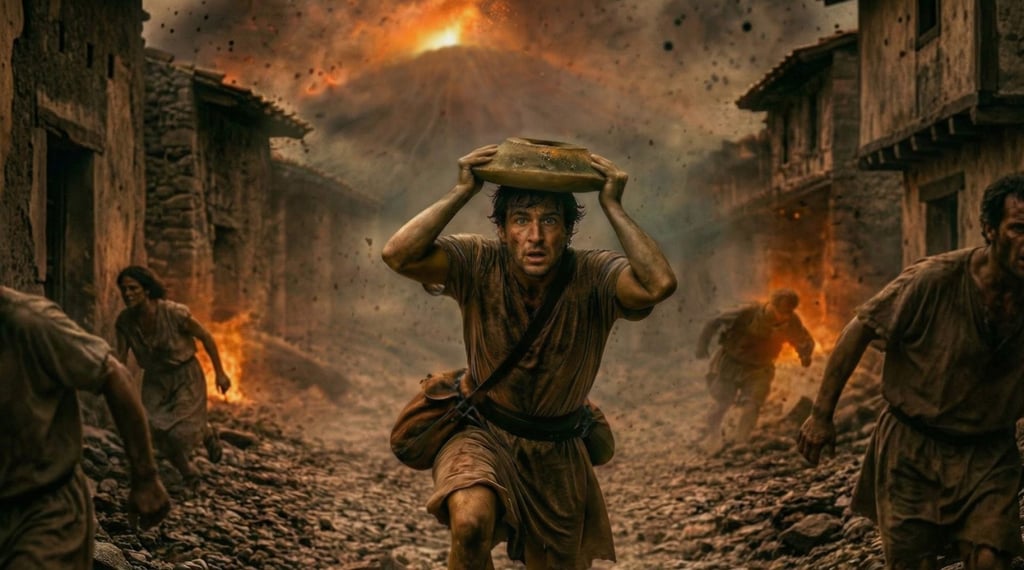 The AI-generated image shows a man ducking for cover during the volcanic eruption. Image: Pompeii Archaeological Park