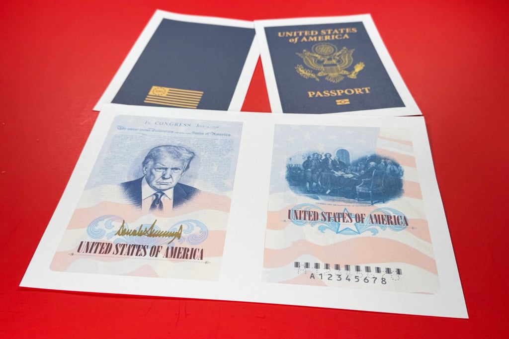 A sample of a commemorative US passport featuring a picture of President Donald Trump is photographed on Tuesday. Photo: AP