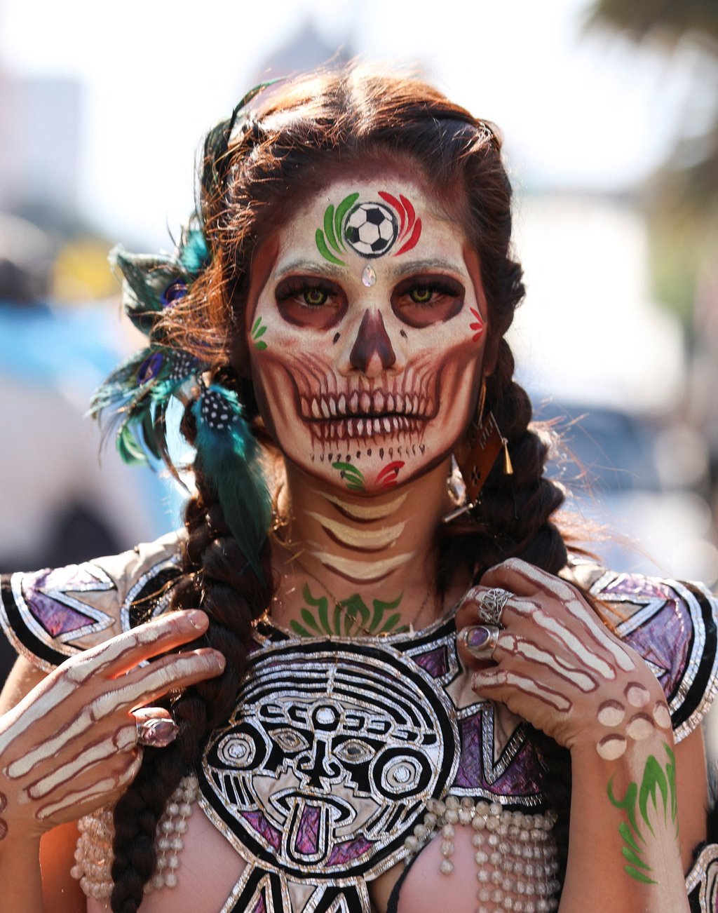 A participant in Mexico City’s Catrinas Mundialistas, a one-off parade on March 22 that fused the nation’s Day of the Dead traditions with excitement for the FIFA World Cup. Photo: Reuters