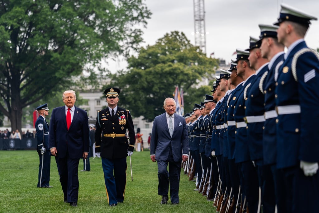 US President Donald Trump reviews the troops with Britain’s King Charles at the White House on Tuesday. Photo: AP