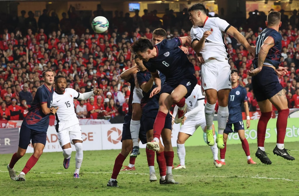 Leon Jones heads towards goal during Hong Kong’s East Asian qualifying win over Guam in 2024. Photo: Dickson Lee