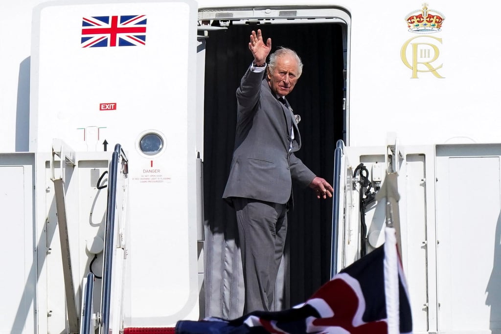 Britain’s King Charles boards the plane as he departs the United States at Joint Base Andrews, Maryland, on Thursday. Photo: Reuters