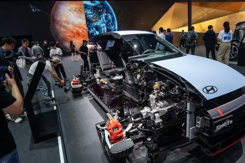A Hyundai Ioniq electric vehicle cut in half is on display at the Auto China show. Photo: Getty Images