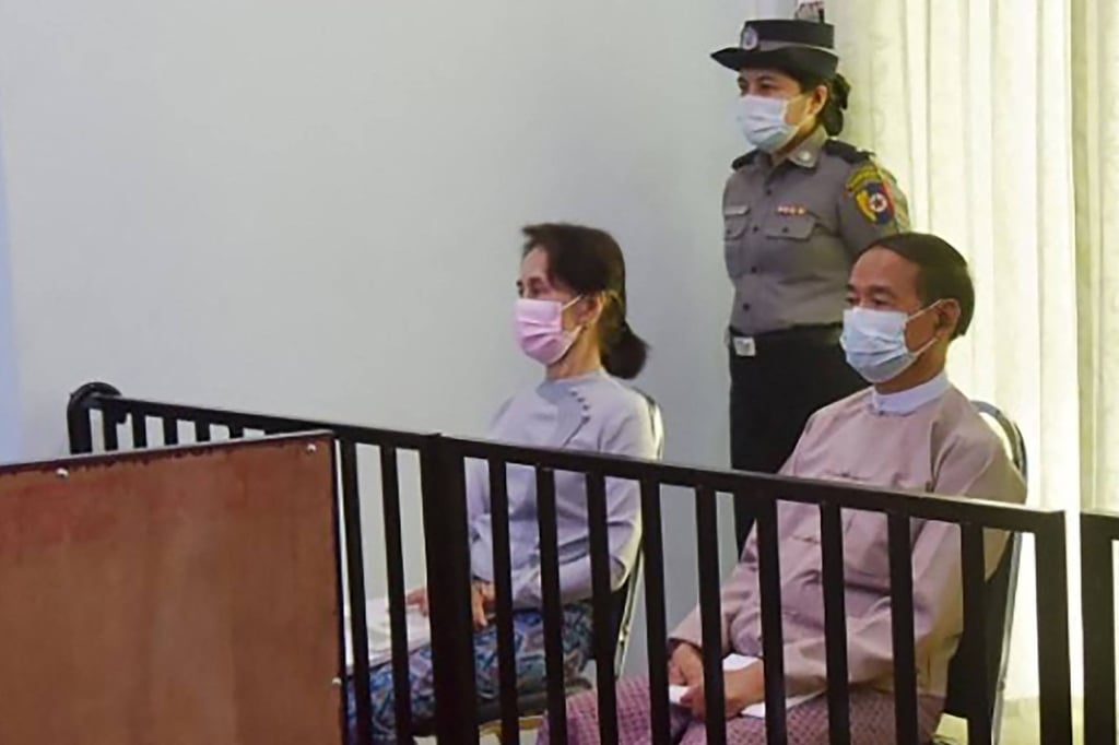 Aung San Suu Kyi and Win Myint are seen in court in Naypyidaw, Myanmar, in May 2021. Photo: Myanmar Ministry of Information via AFP