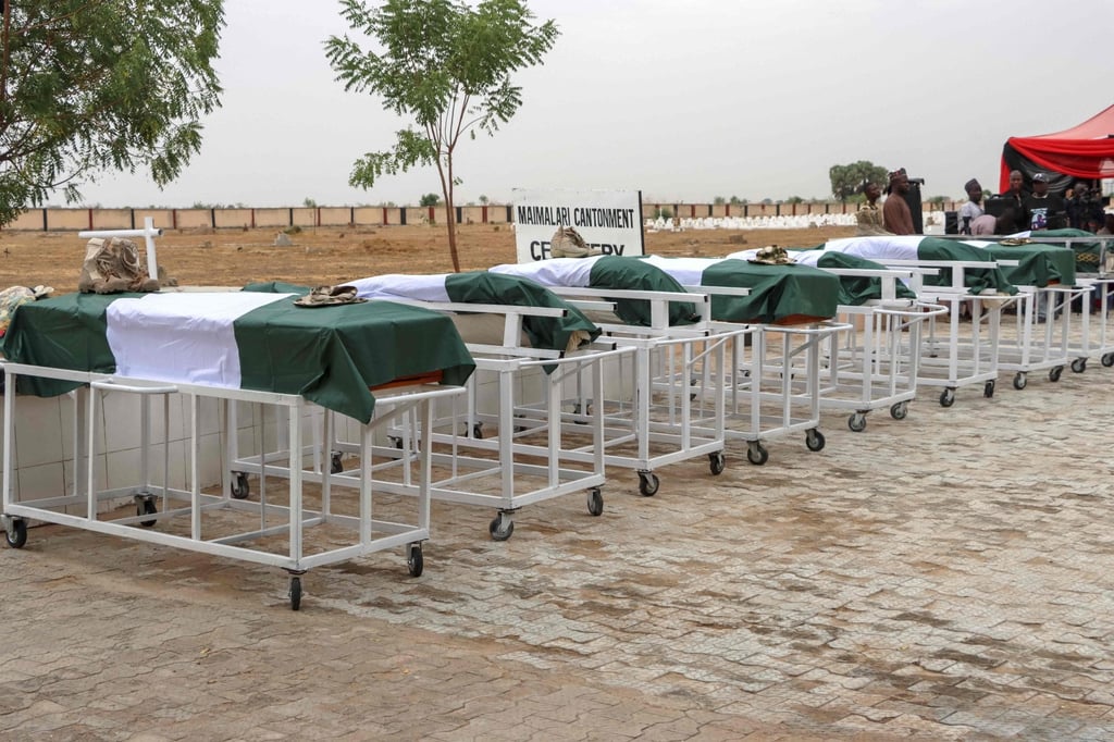 A general view of coffins during the funeral of Brigadier General Oseni Omoh Braimah and other troops killed in jihadist attacks, in Maiduguri, Borno State, Nigeria, on April 15. Photo: AFP