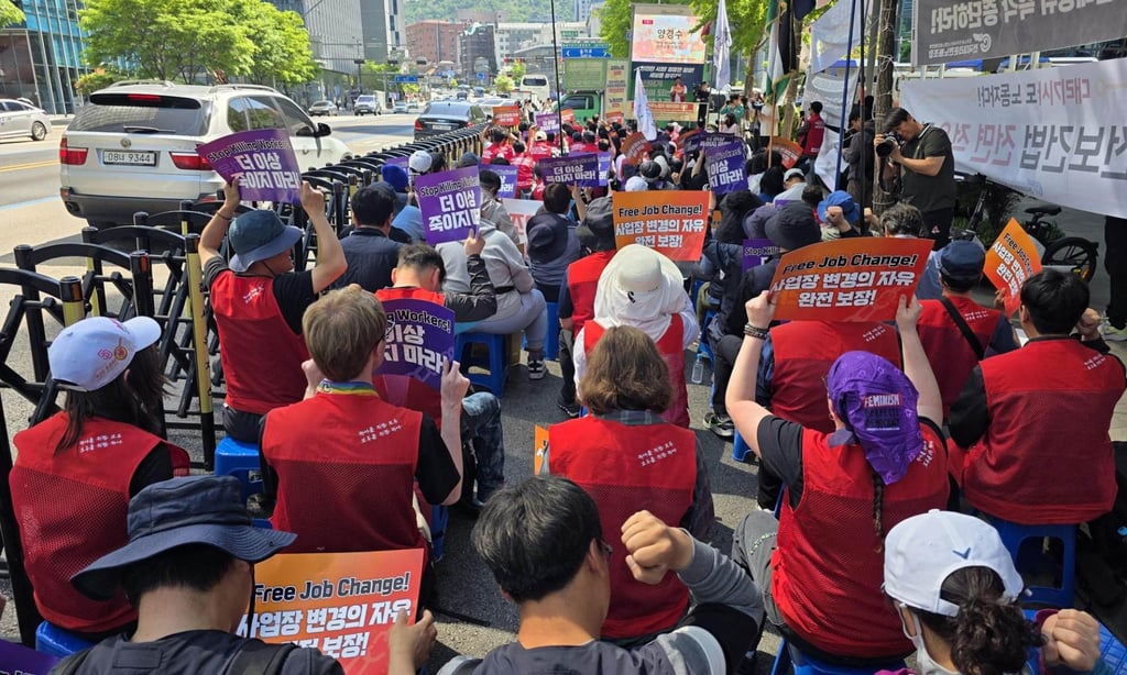 Foreign workers stage a labour rally in central Seoul on April 26. Photo: Korea Times
