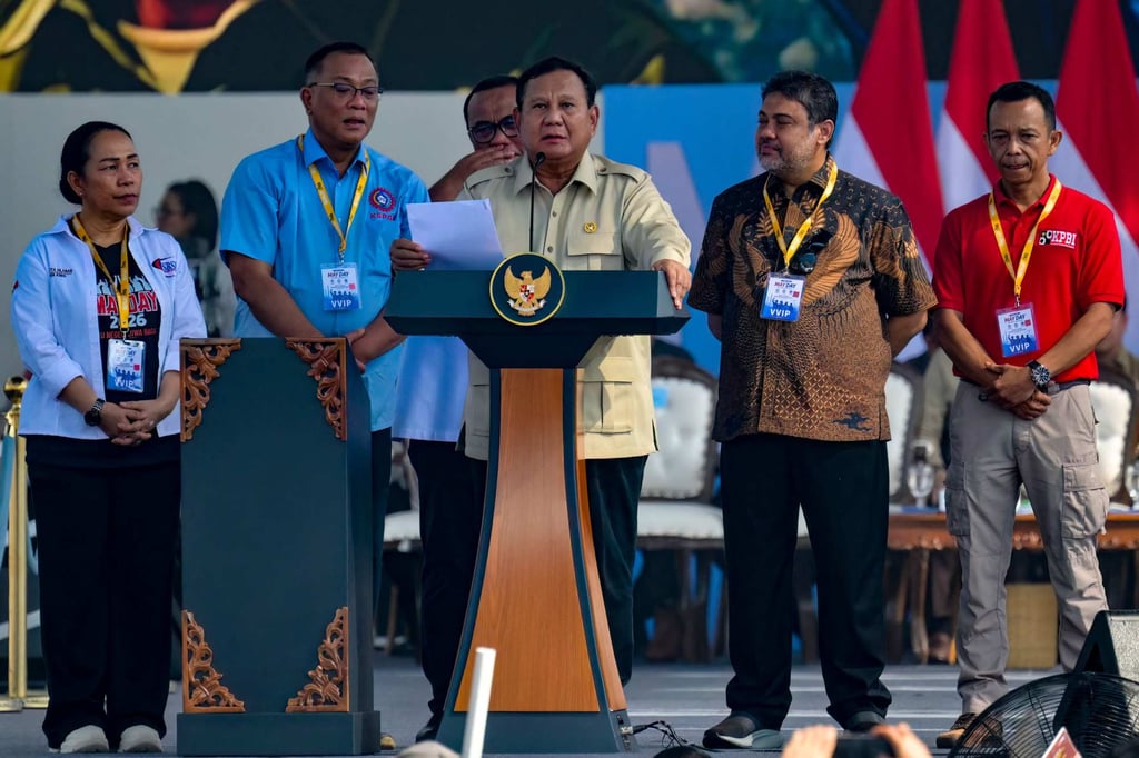 Indonesian President Prabowo Subianto (centre) delivers a speech in front of thousands of workers during the Labour Day rally celebrations in Jakarta on Friday. Photo: AFP