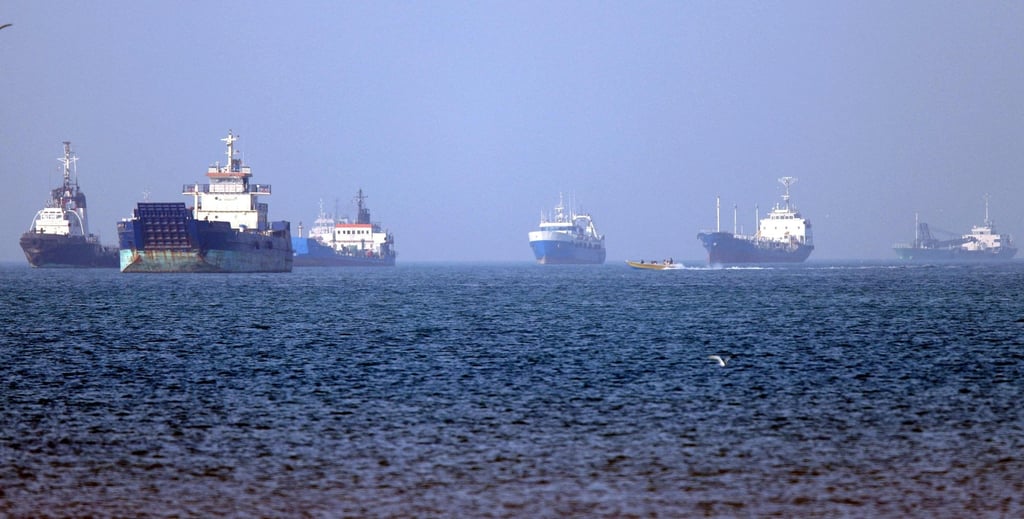 Vessels are anchored in the Strait of Hormuz off Bandar Abbas in southern Iran on Monday. Photo: ISNA/AFP
