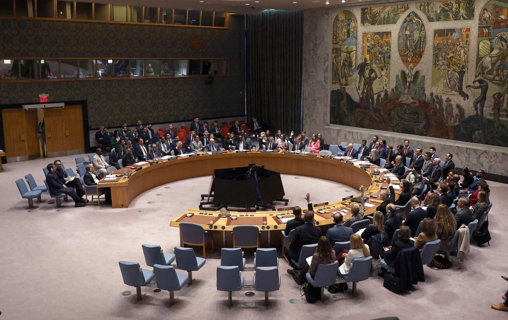 The UN Security Council votes on a resolution calling for the unblocking of the Strait of Hormuz in New York on April 7. China, France, Russia, Britain and the US have special permanent veto rights. Photo: AFP