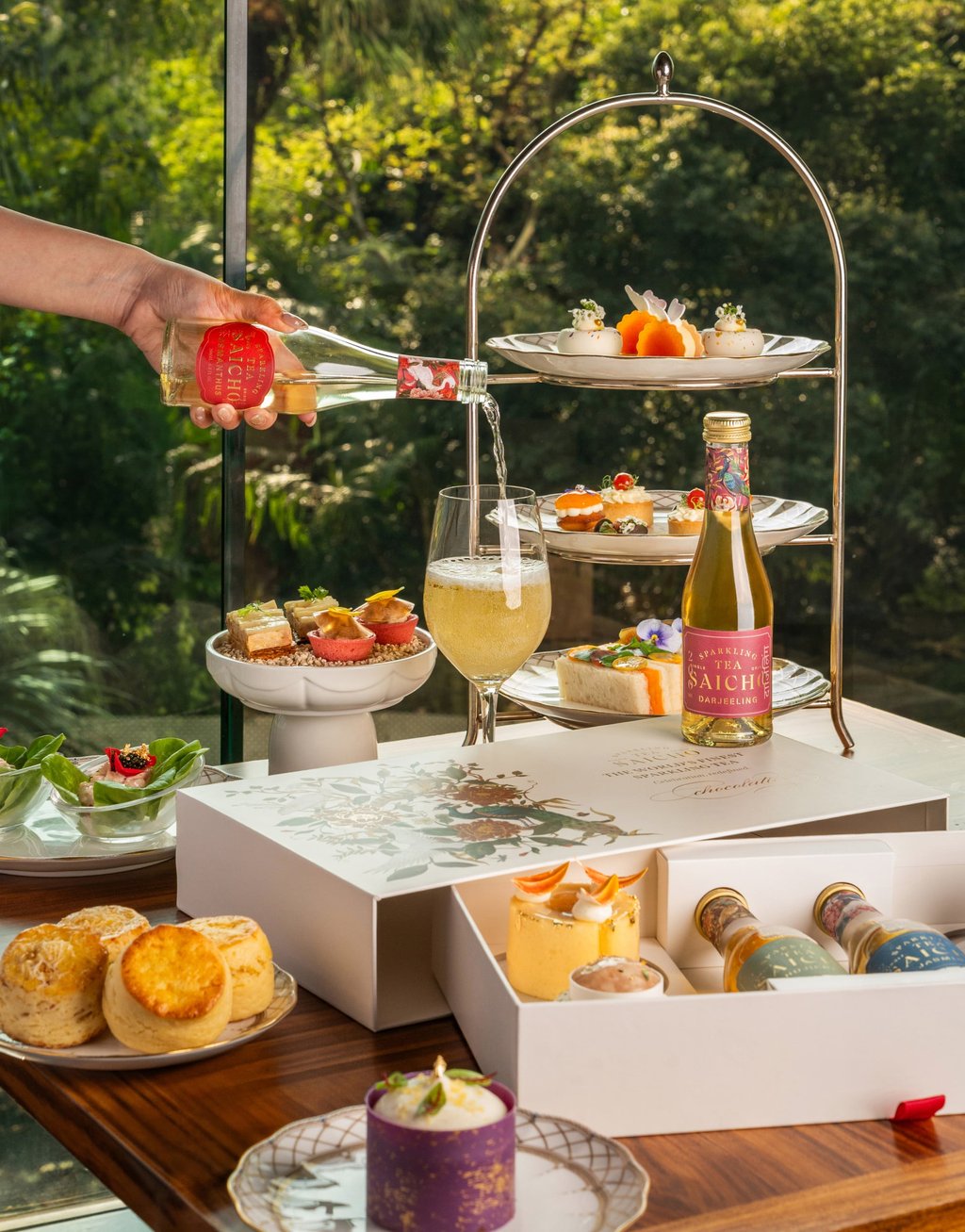 Saicho has teamed up with Grand Hyatt Hong Kong for an afternoon tea set, featuring Saicho’s alcohol-free sparkling teas. Photo: Handout Saicho has teamed up with Grand Hyatt Hong Kong for an afternoon tea set, featuring Saicho’s alcohol-free sparkling teas. Photo: Handout
