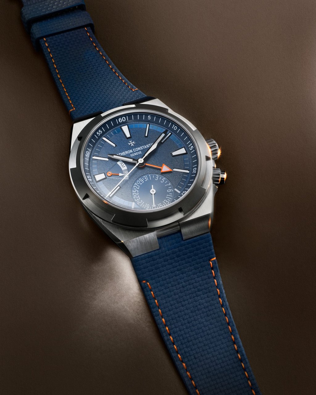The orange-tipped hand on the Vacheron Constantin Overseas Dual Time Cardinal Points is used to indicate the time at home. Photo: Handout