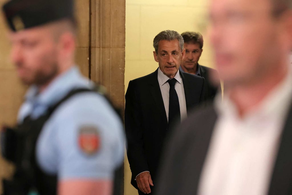France’s former president Nicolas Sarkozy arrives at the courtroom in Paris after a break during the hearing in April. Photo: AFP