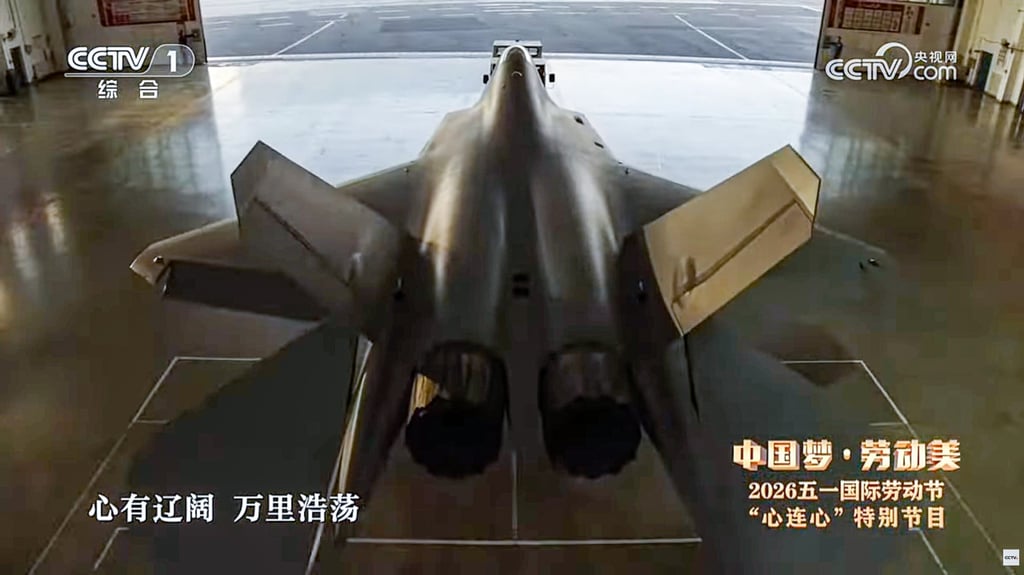 An export variant of the J-35A fighter jet appears on CCTV’s May 1 special programme. Photo: CCTV