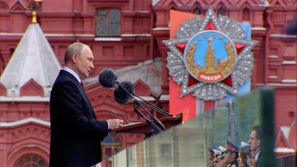 Russian President Vladimir Putin delivers a speech during a military parade on Victory Day in Red Square in Moscow on Saturday. Photo: Kremlin/Reuters