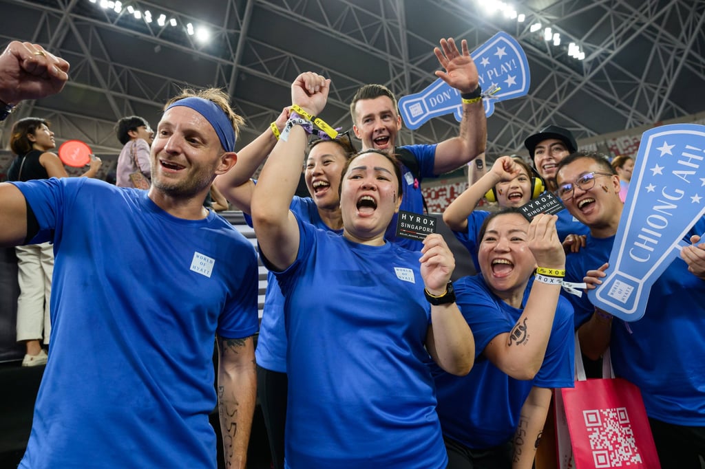 Charis Choi (centre) and her teammates at Hyrox Singapore 2026. Photo: Handout Charis Choi (centre) and her teammates at Hyrox Singapore 2026. Photo: Handout