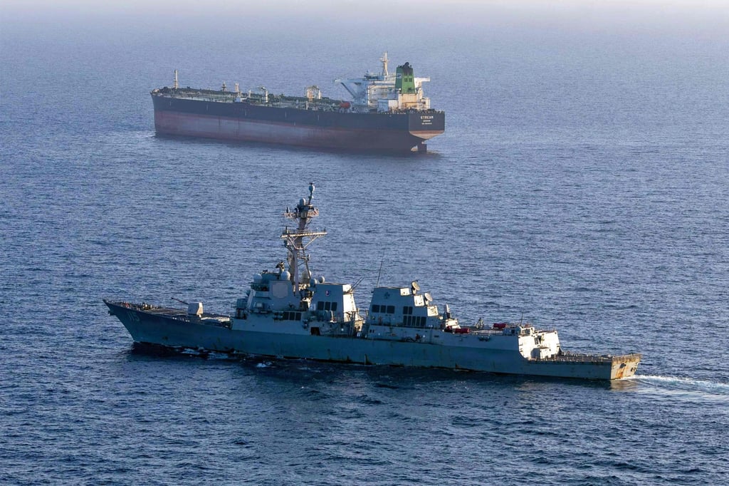 The USS Rafael Peralta implements a maritime blockade against the Iran-flagged crude oil tanker vessel Stream in April. Photo: US Navy via AFP