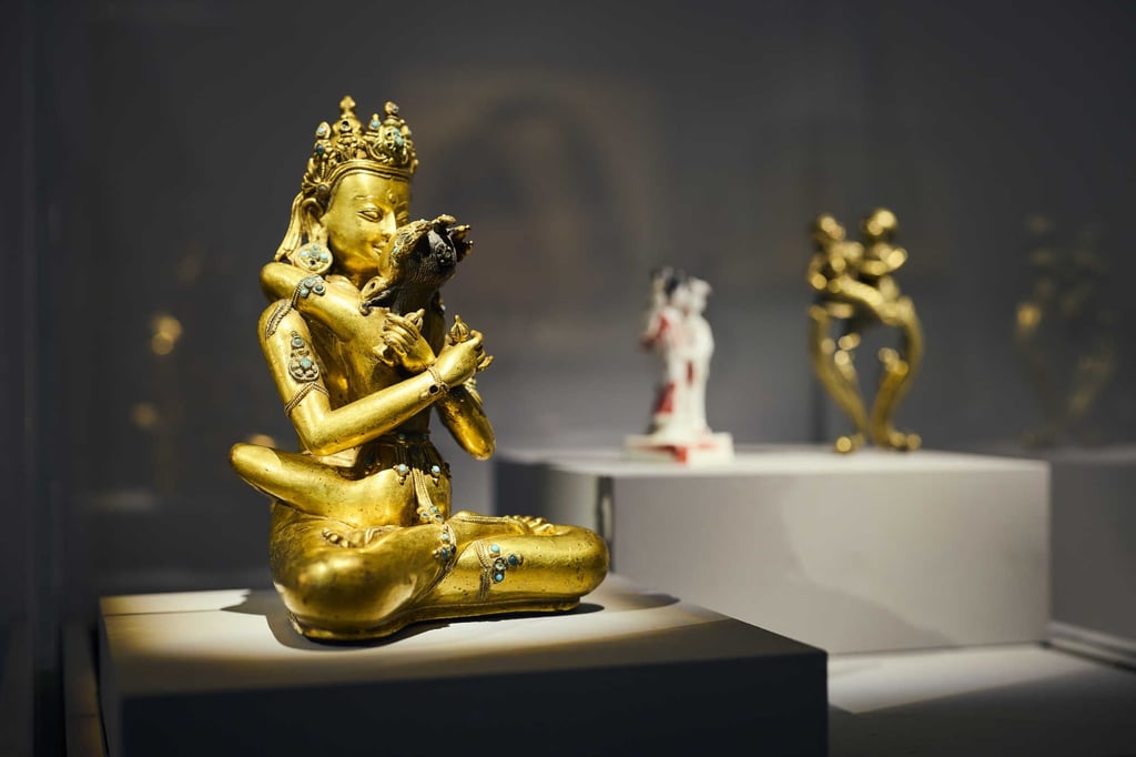 Vajradhara and Prajnaparamita (circa 14th to 15th century), by an unknown artist, is displayed at the “Passion is Volcanic” exhibition in Singapore. Photo: National Gallery Singapore