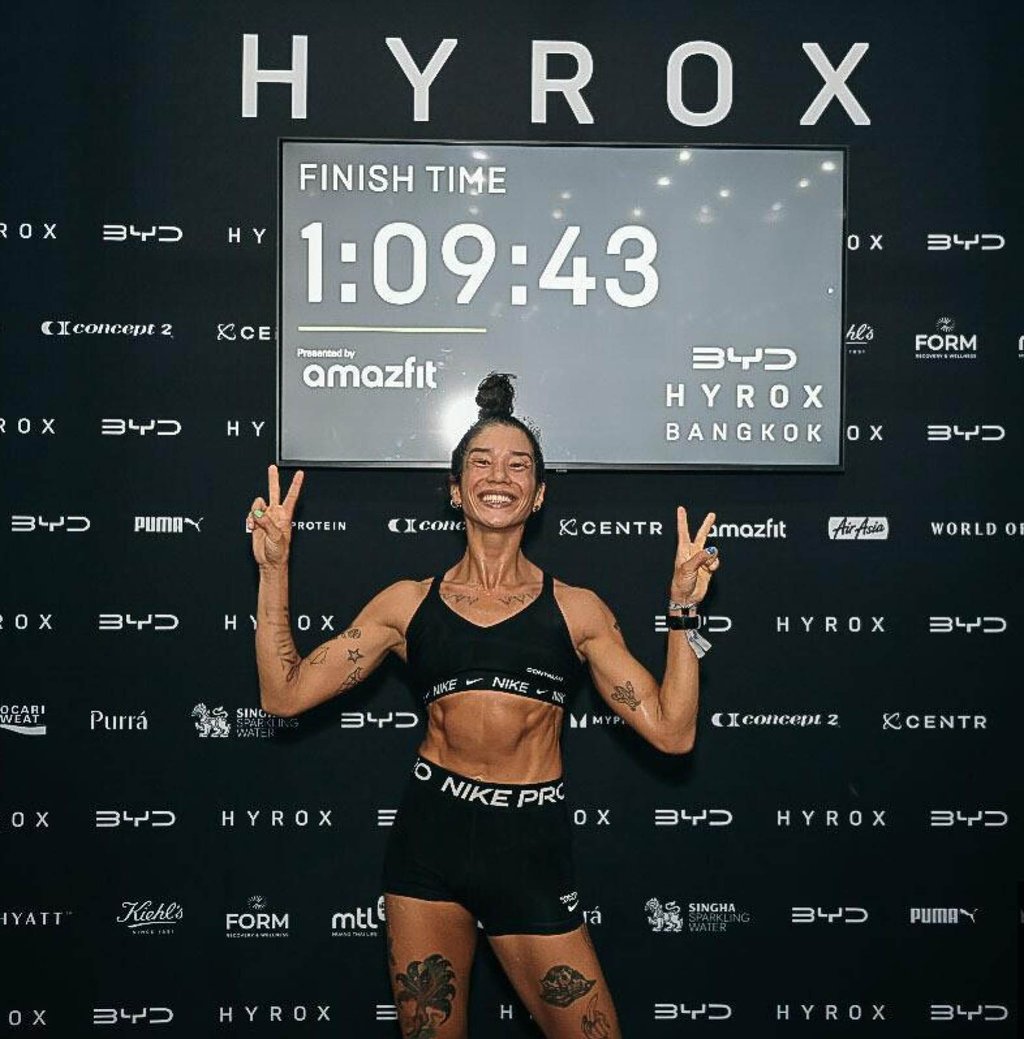 Nadine Duit posing with her finish time after Hyrox Bangkok. Photo: Handout