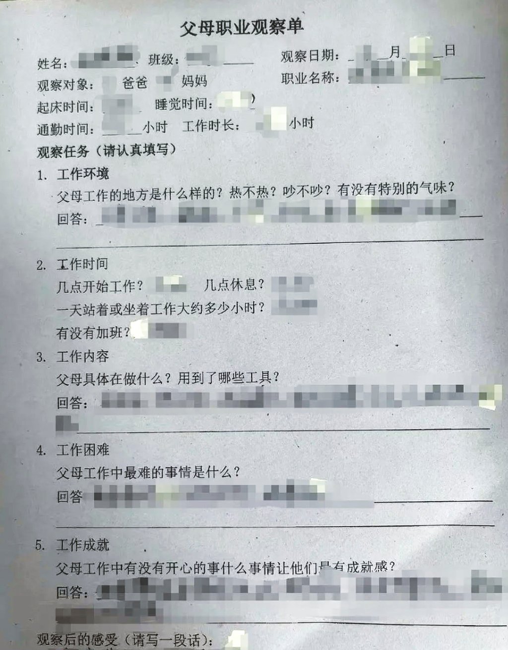 The questionnaire for pupils, above, asked detailed questions about the nature of their parents’ employment. Photo: QQ.com