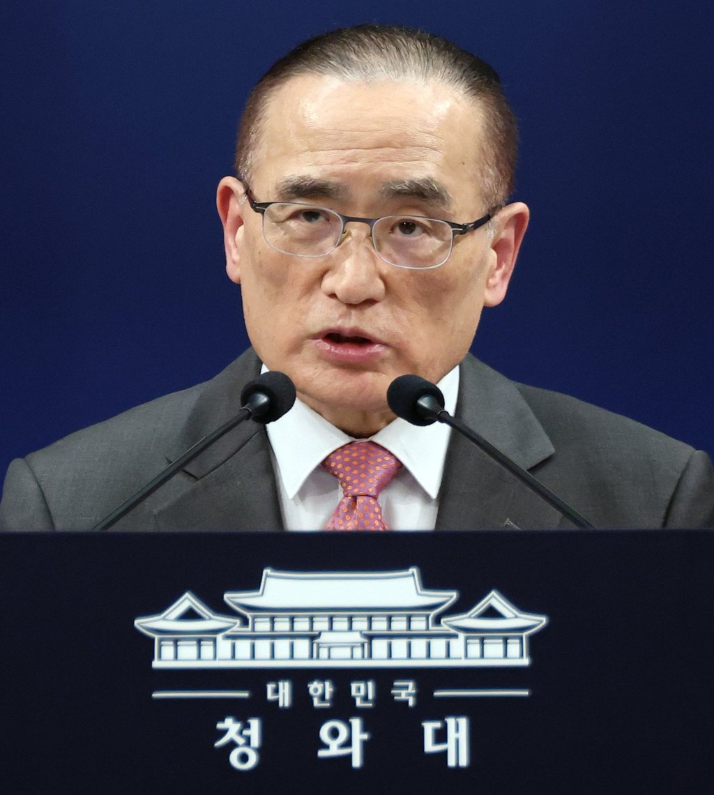National Security Adviser Wi Sung-lac attends a press conference at the presidential office in Seoul on Wednesday. Photo: Yonhap/EPA