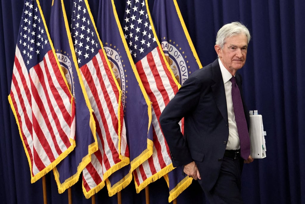 Jerome Powell departs following his final press conference as US Federal Reserve chair in Washington in April. Photo: Reuters