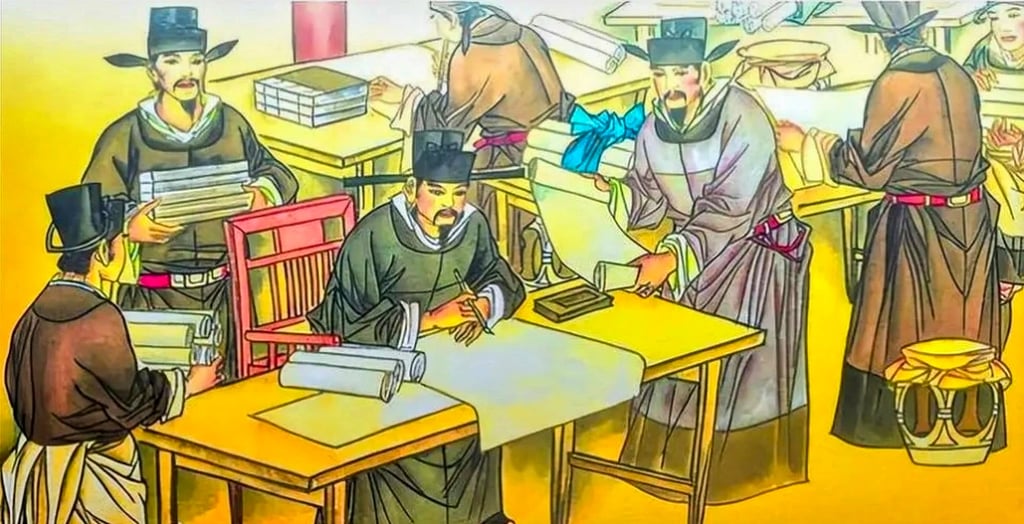 A scholar writes with an ink dish beside him, above. In ancient times people with messy handwriting could be forced to drink ink. Photo: QQ.com