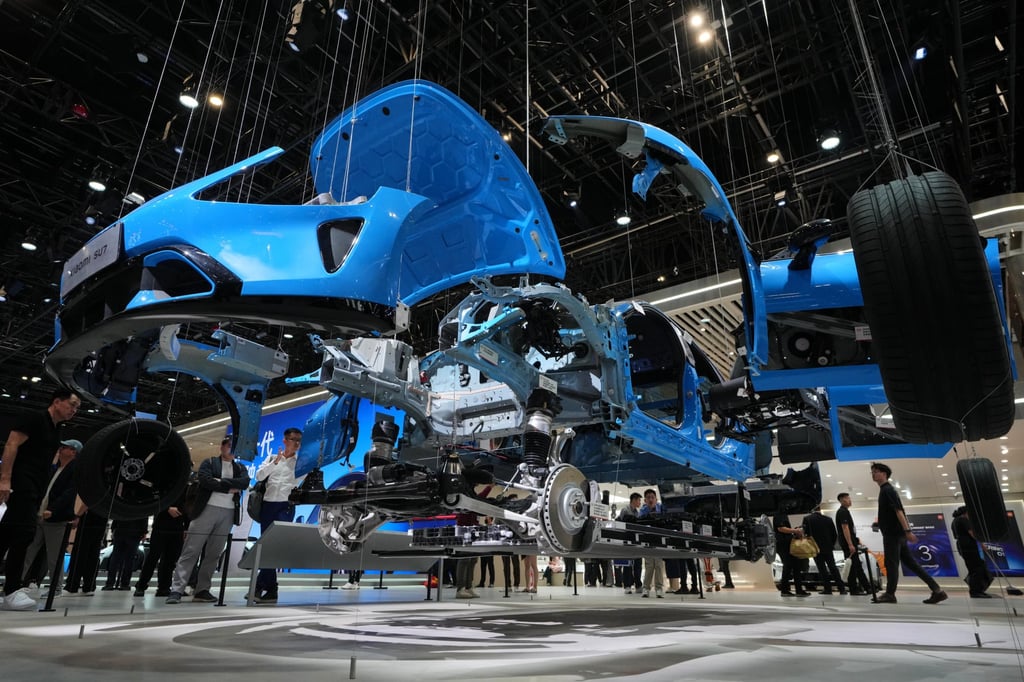 A dismantled Xiaomi SU7 is showcased at Auto China 2026 in Beijing on April 25. Photo: AP