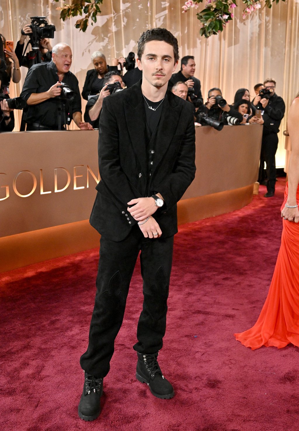 Timothée Chalamet wore all black Chrome Hearts for the Golden Globes in January, all the way down to his Timberland boots. Photo: Bauer-Griffin/FilmMagic