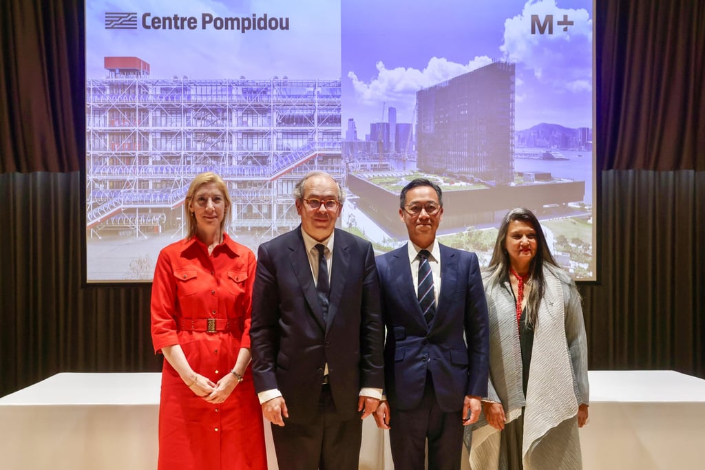 (From left) French Consul General Christile Drulhe, Centre Pompidou president Laurent Le Bon, M+ board chairman Paulo Pong Kin-Yee and M+ museum director Suhanya Raffel attend the signing ceremony. Photo: Jonathan Wong