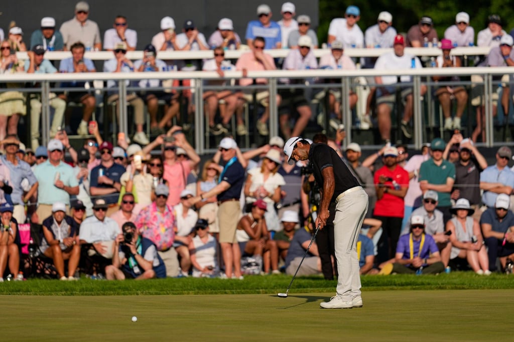 Aaron Rai makes a 68-foot putt on the 17th green during the final round of the PGA Championship. Photo: AP Aaron Rai makes a 68-foot putt on the 17th green during the final round of the PGA Championship. Photo: AP