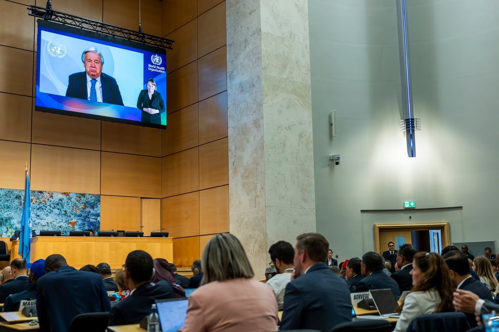 UN Secretary-General Antonio Guterres appears on a screen during the opening of the 79th World Health Assembly at the European headquarters of the UN in Geneva, Switzerland, on Monday. Photo: EPA