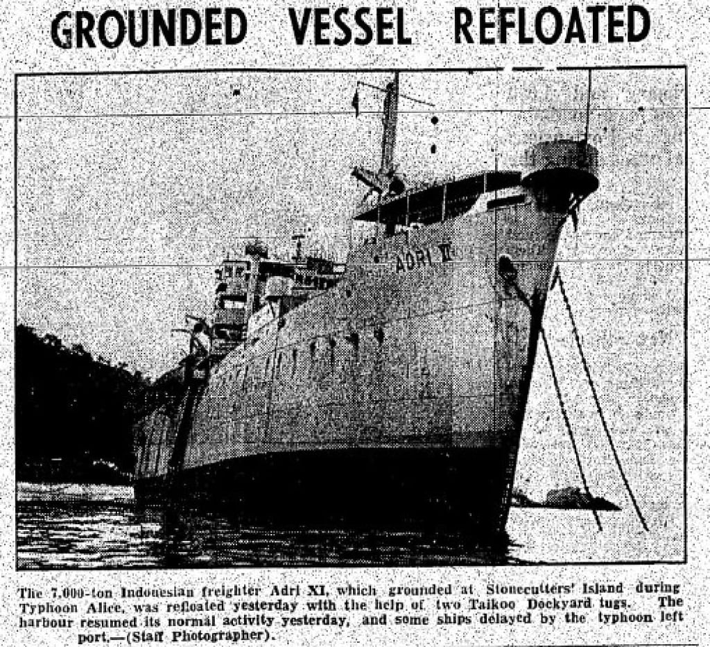 An SCMP picture from the May 21, 1961 paper edition showing a 7,000-ton Indonesian freighter being refloated with the helps of tugs at Taikoo Dockyard. Photo: SCMP