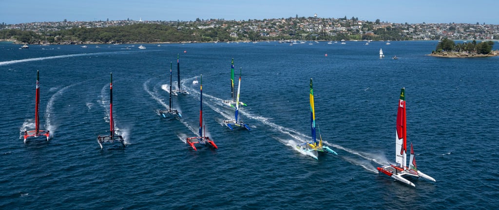 The fleet led by Canada NorthStar SailGP Team during practice racing ahead of the 2025 KPMG Australia Sail Grand Prix in Sydney. Photo: SailGP